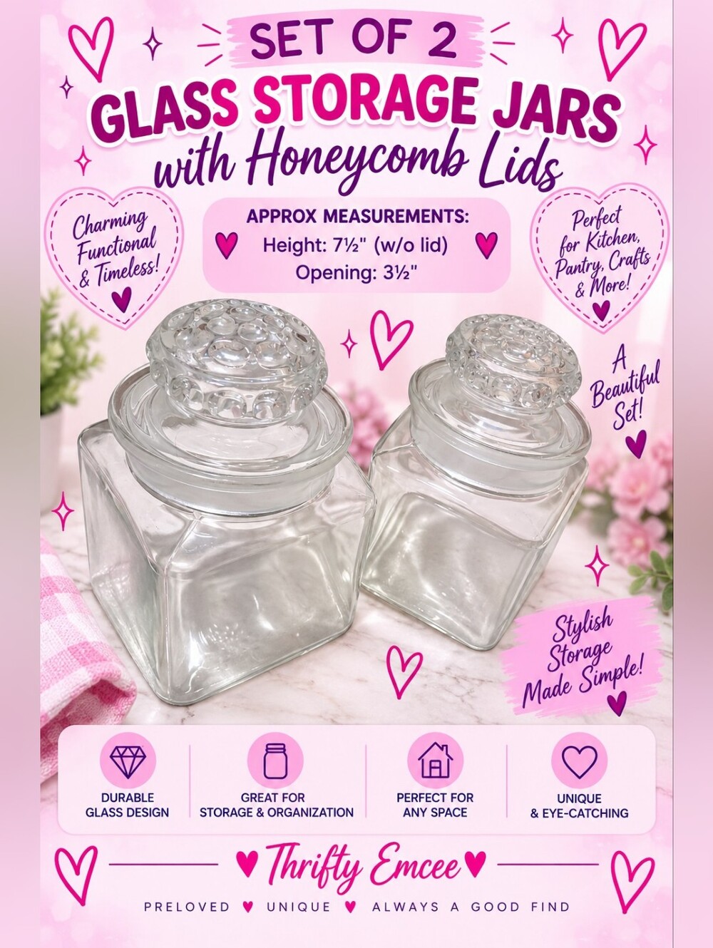 Set of 2 Clear Glass Storage Jars with Honeycomb Lids